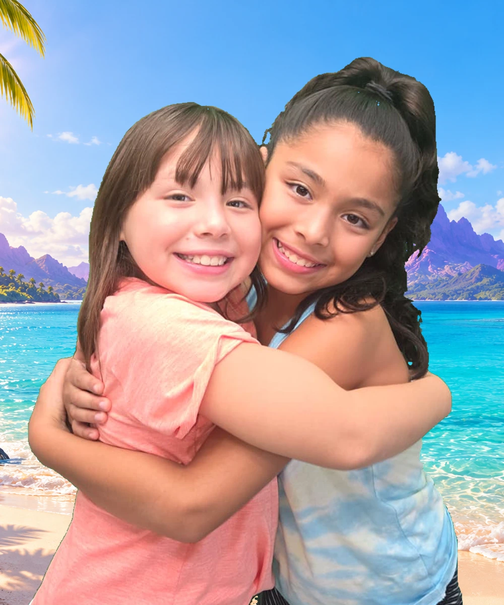 Jiselle and Jianna hugging, with a tropical adventure background